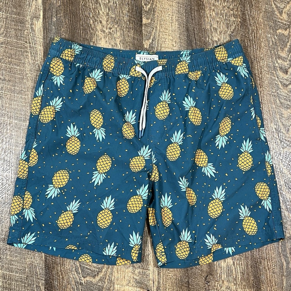 Elysian Supply Company Swim Trunks Medium Blue Pineapple AOP Beach Pool Summer